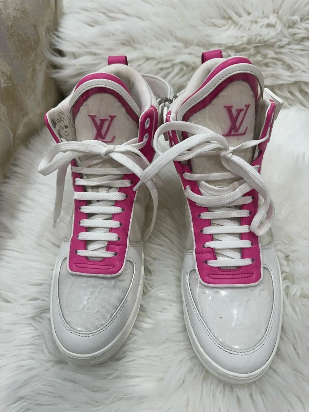 Louis Vuitton White & Hot Pink High-Top Sneakers